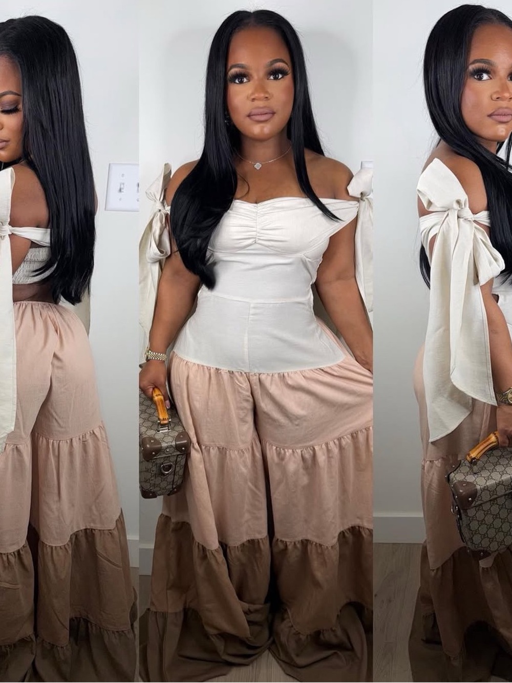 Tiered Wide-Leg Jumpsuit with Bow Straps - Cream & Tan